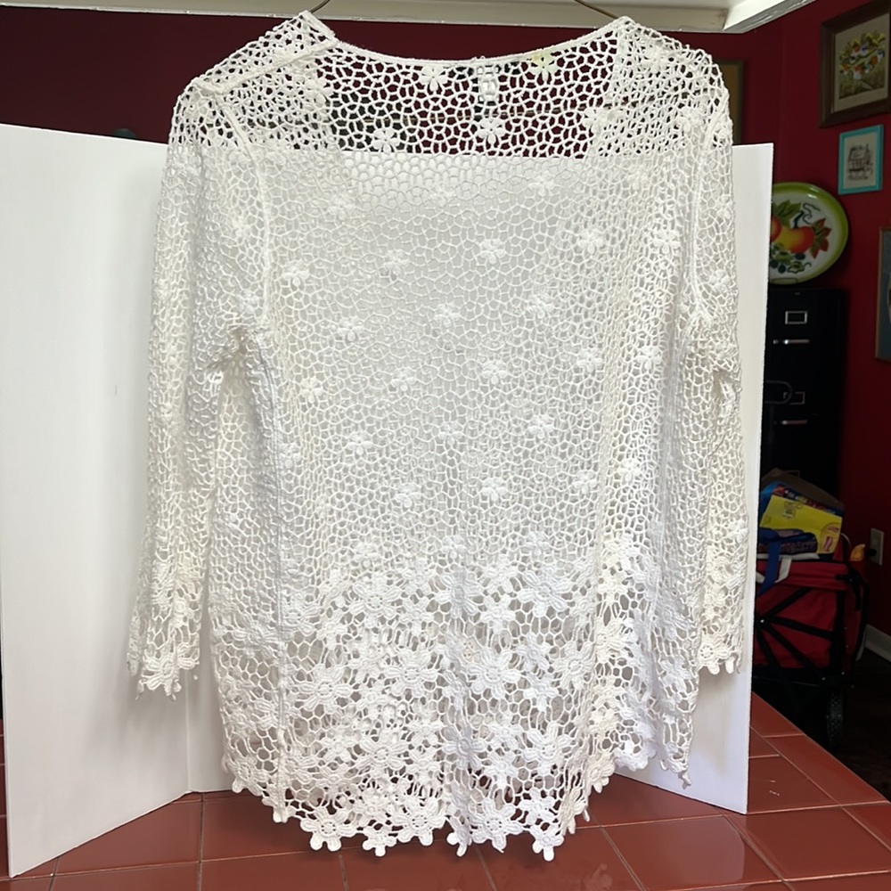 Light-weight white Alfani jacket, cover up, crocheted cardigan. Size P/M - Picture 3 of 6